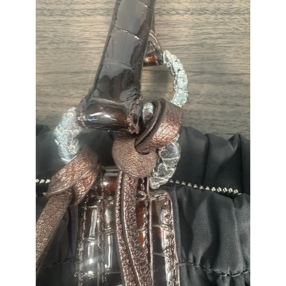 BRIGHTON‎ Purse Camille Black Nylon Ruched Shoulder Bag w/Rosette & Snakeskin